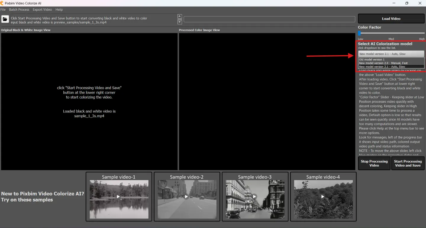 The screenshot highlights the dropdown menu used to select the AI colorization model, where you can choose the new AI models.