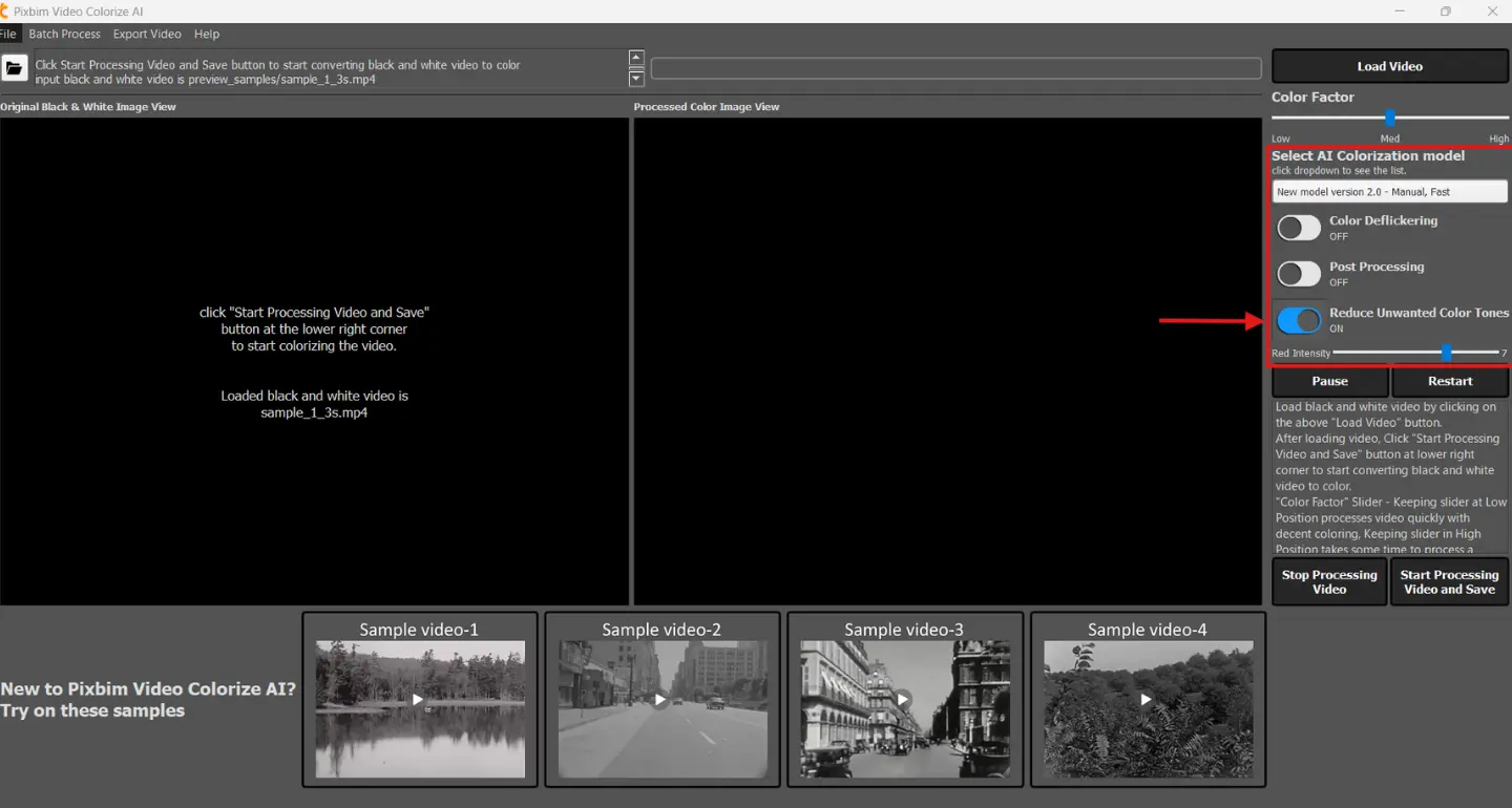The screenshot highlights the dropdown menu used to select the AI colorization model, where you can choose the new AI models.