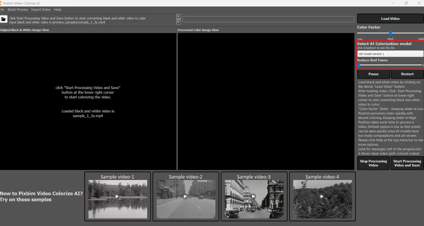 The screenshot highlights the dropdown menu used to select the AI colorization model, where you can choose between the old AI models and the new AI models.