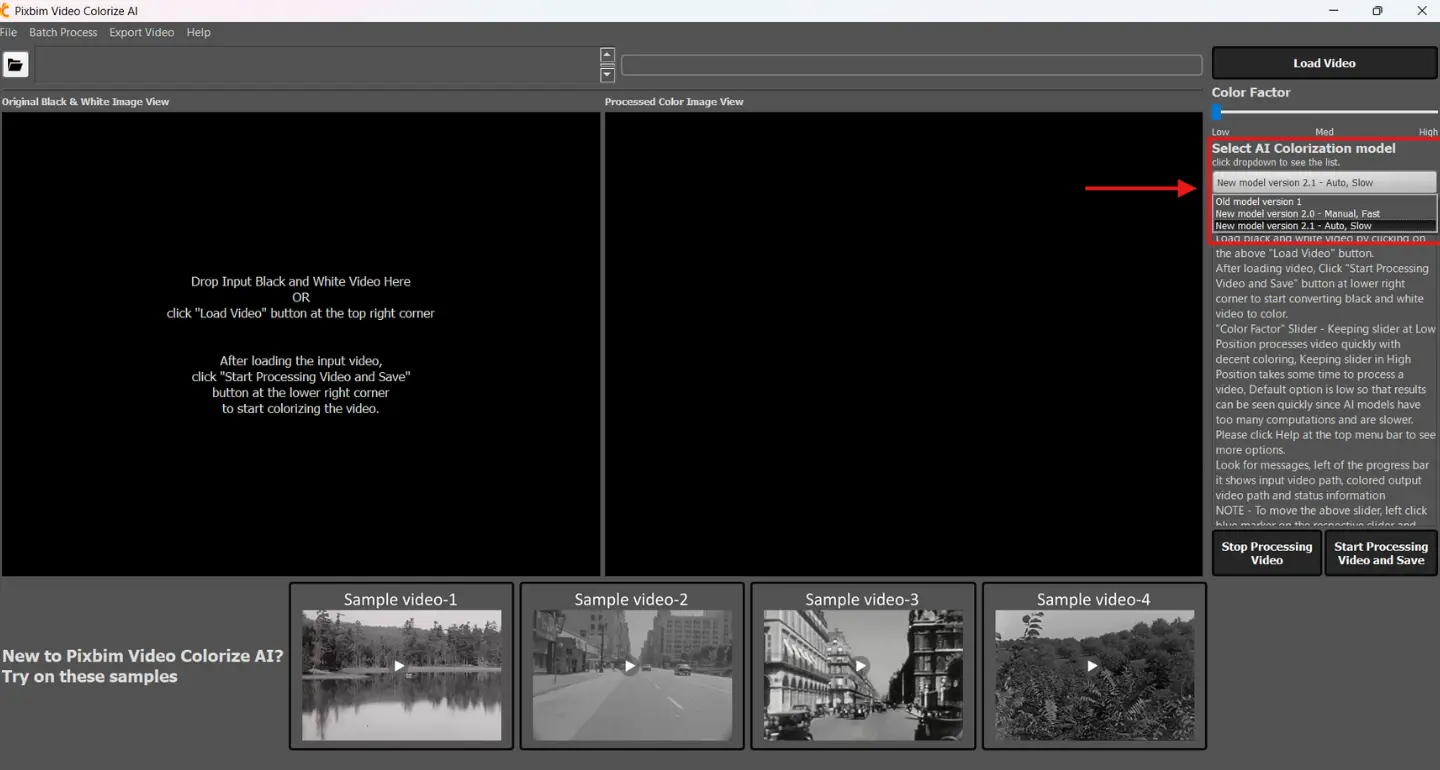 The screenshot highlights the dropdown menu used to select the AI colorization model, where you can choose between the old AI models and the new AI models.