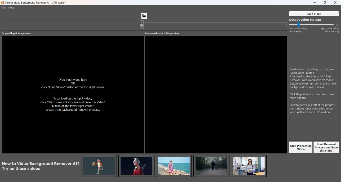 The image shows the dashboard of Pixbim Video Background Remover AI after installation. The dashboard includes sample videos at the bottom, allowing users to quickly test the software while using the trial version. Once you have explored the sample videos, you can test the software with your own videos by clicking the Load Video option to import your input video. The dashboard features two large preview windows on the left and right, occupying most of the interface. The left preview window serves two purposes. First, it provides status updates throughout the process. For example, after loading a video, it displays messages confirming that the input has been loaded and guides you through the next step, such as starting the video background removal process. During processing, the left preview window continues to display the original input video with its background intact for comparison. The right preview window displays the processed output, showing the video frames with the background removed in real time as the software processes the video. This side-by-side preview makes it easy to compare the original video with the background-removed output. At the top left corner of the dashboard, you will find the File and Help menus. The Help menu allows you to activate your license using the license key. It also provides access to the online tutorial section, which redirects you to the Pixbim website, where you can find detailed tutorials and user guides for Pixbim Video Background Remover AI.