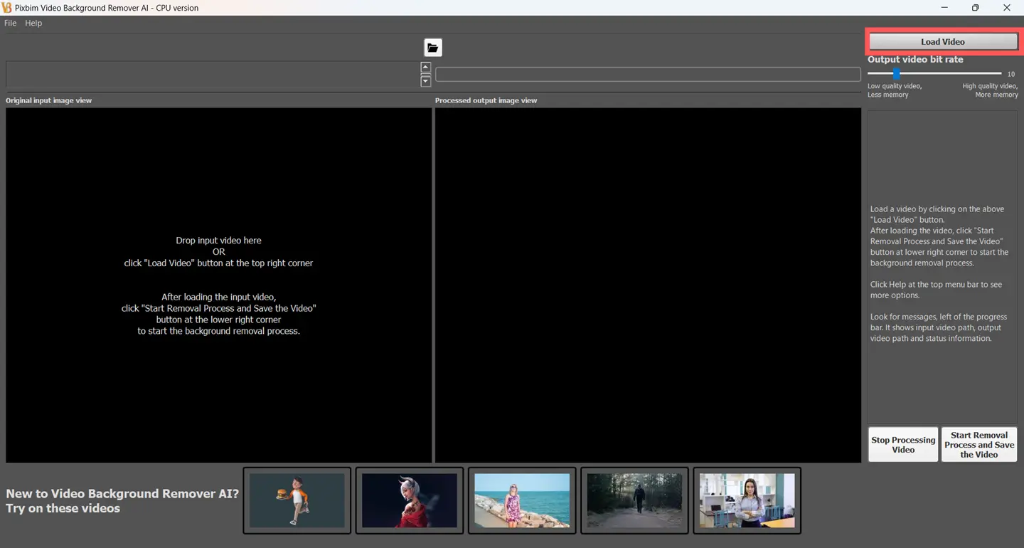 The image shown is the Load Video button, which is used to load the input video into Pixbim Video Background Remover AI. Once the video is loaded, the software removes its background and generates a green screen video, making it ready for background replacement in any video editing application.