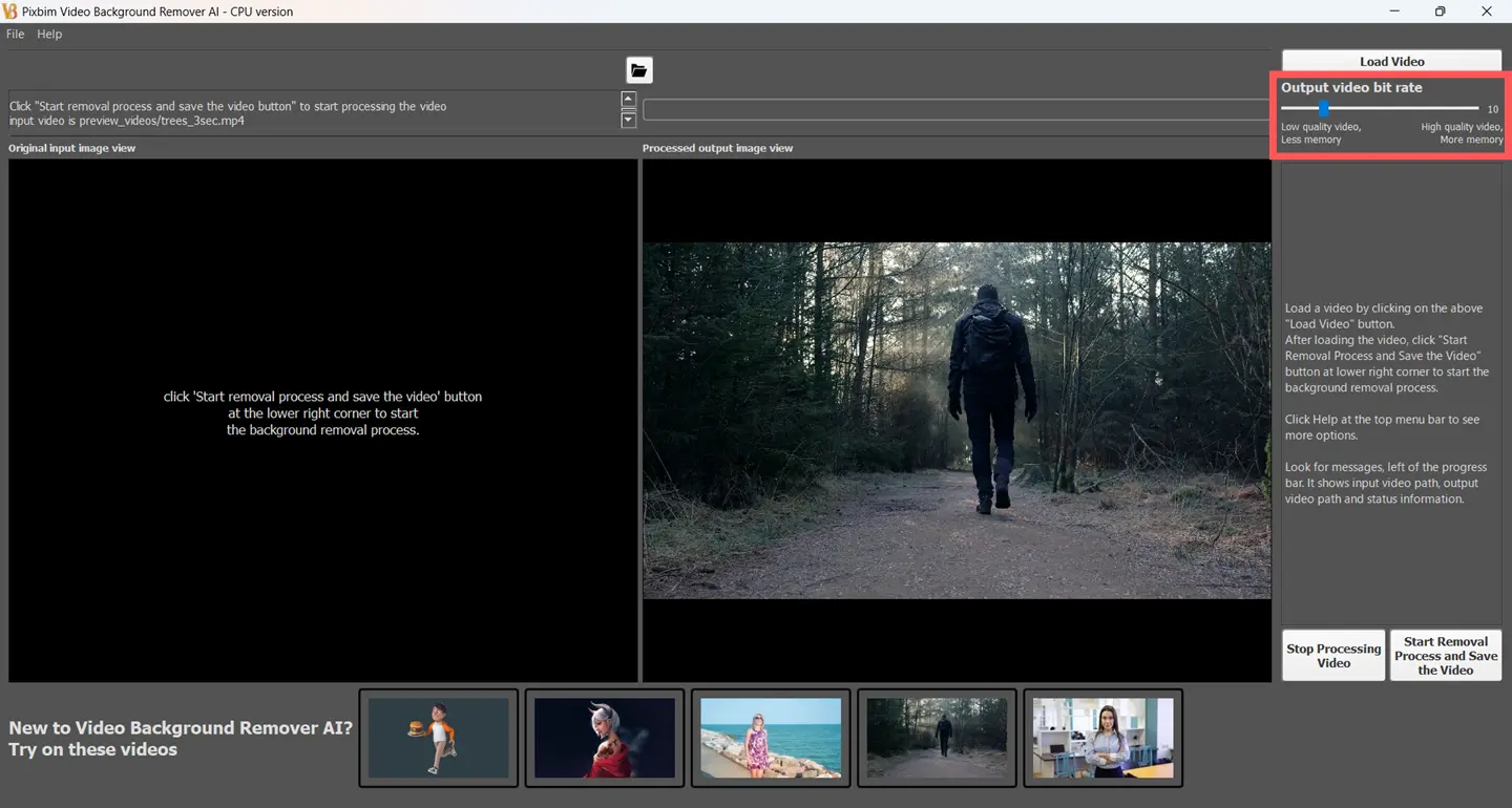 The screenshot highlights the slider called Output Video Bit Rate, which users can find at the top-right side of the software, below the Load Video button. You can move the Output Video Bit Rate slider from left to right, where your video quality will be higher, but it will also take more processing time.