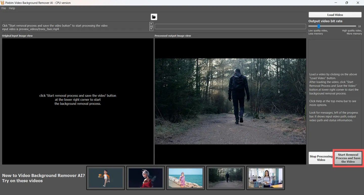 The image shown here highlights the Start Removal Process and Save Video button in Pixbim Video Background Remover AI. Clicking this button initiates the video background removal process. Once the processing is complete, the software make green screen video as output, making it ready for use in video editing and background replacement.