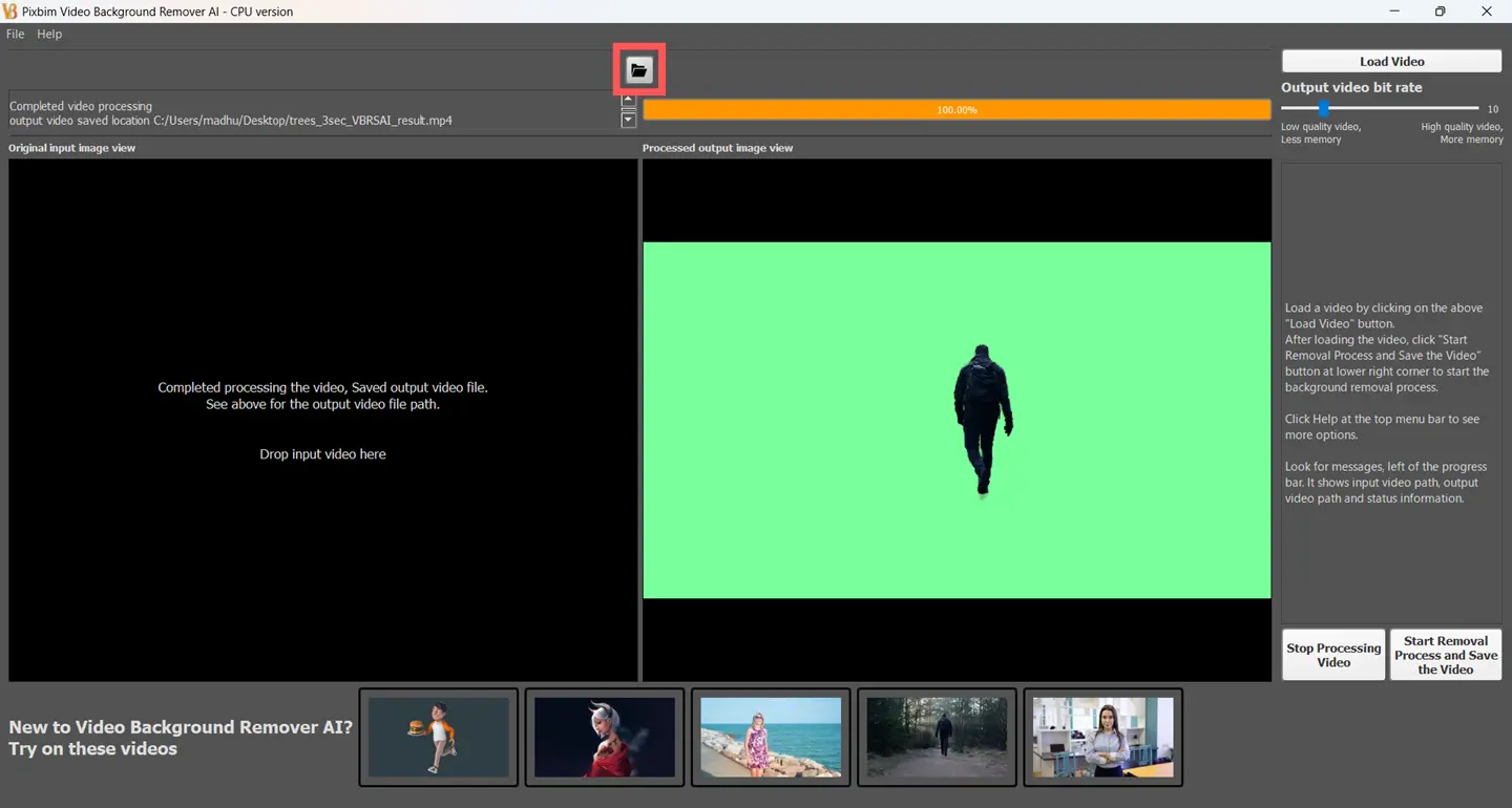This screenshot highlights the Open Output Folder icon, which takes the user directly to the saved output video. The output is a green screen video with the original background removed. The progress bar shows 100%, indicating that the background removal process has been completed successfully and the video has been converted into a green screen video. You can also view the output folder location at the top-left of the status bar in Pixbim Video Background Remover AI, making it easy to locate the saved video.