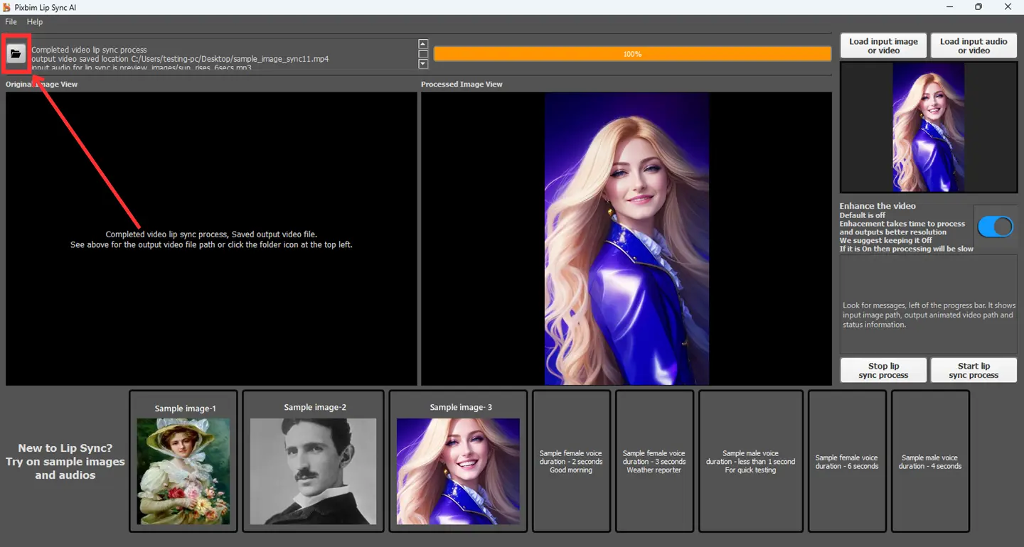 screenshot highlights the open folder icon button to access the AI lip sync animated video output