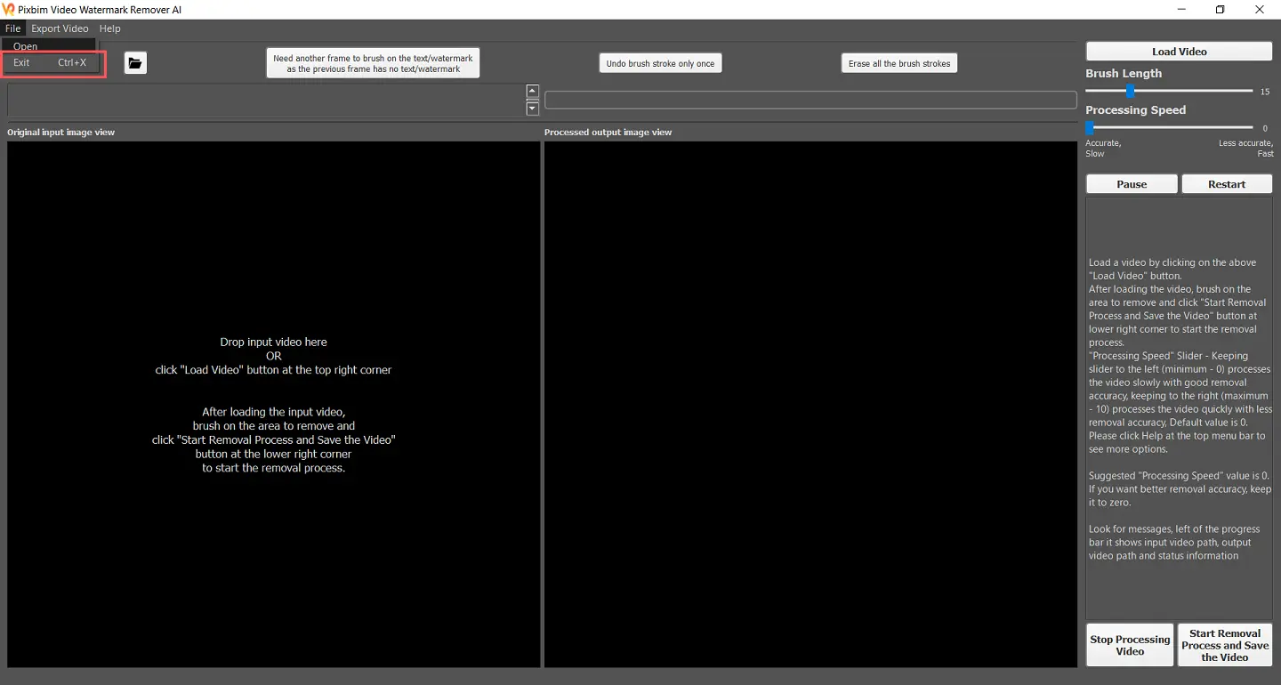 The Screenshot highlights how to access a file option exit. The Purpose of File Exit is to basically exit from the Pixbim Object Remover Software