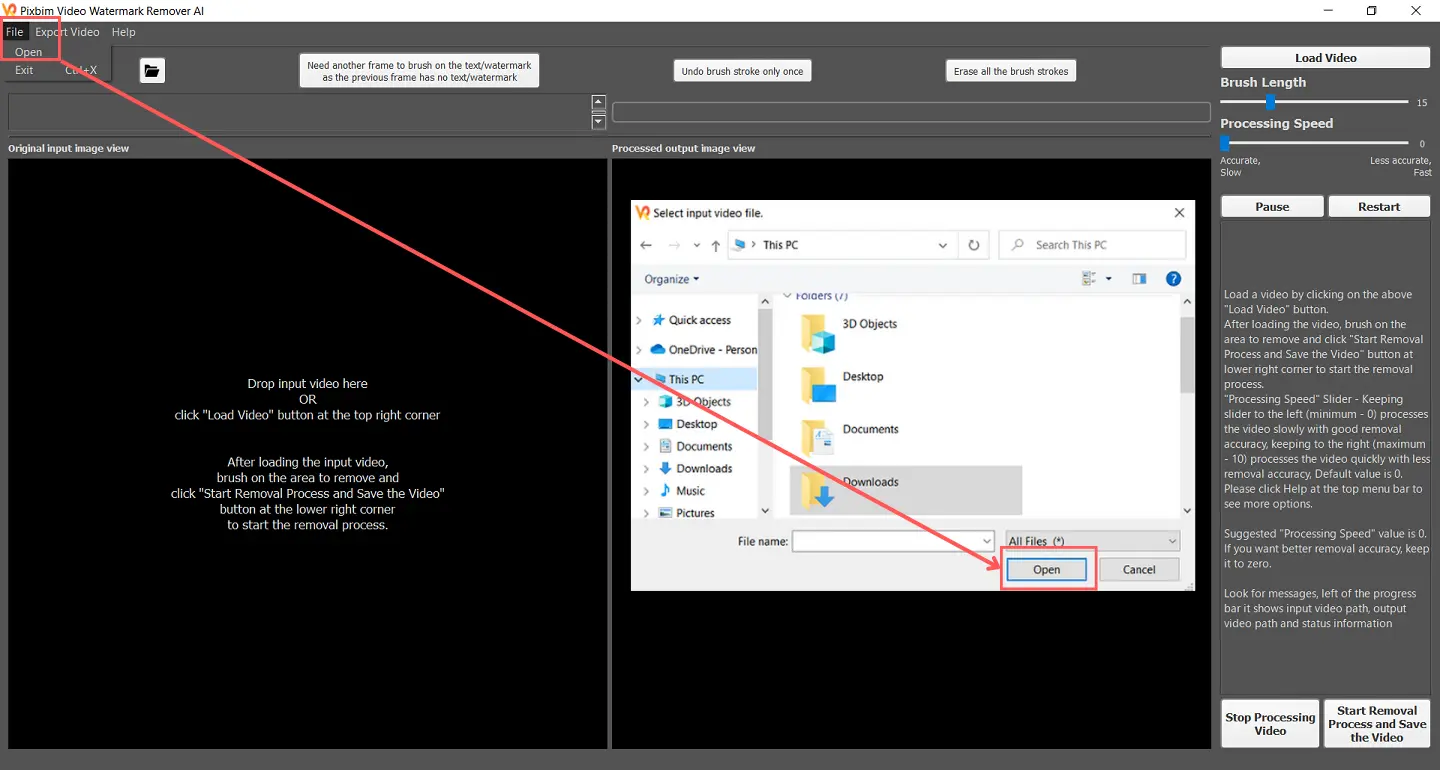 The Screenshot highlights how to access a file option in Pixbim Object Remover AI