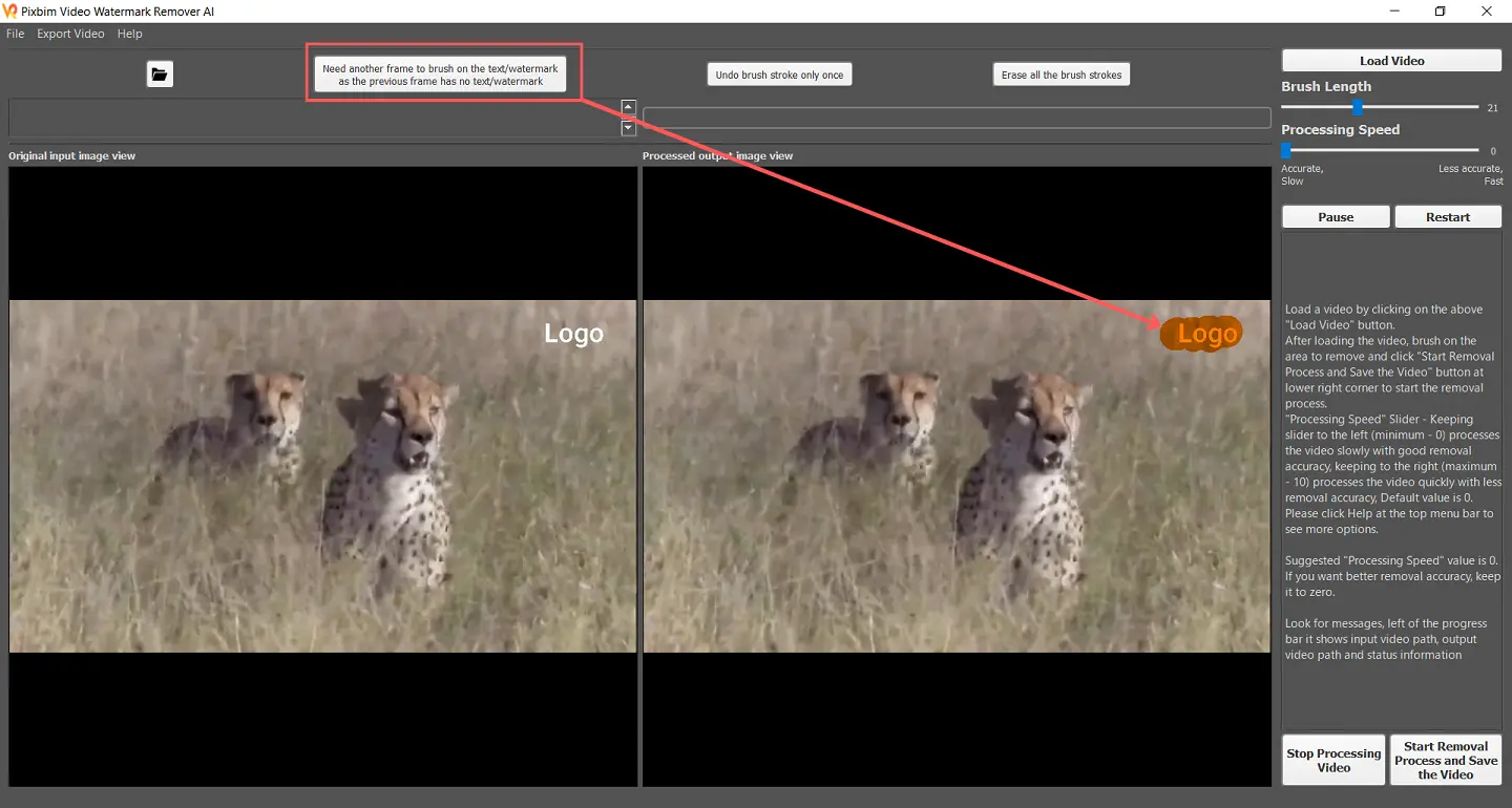 The Screenshot highlights option called online Need Another Frame to Brush on the Text / Watermark as the previous frame has no Text / Watermark .This button allows you to select a new frame in the input video to apply the brush stroke and remove the watermark