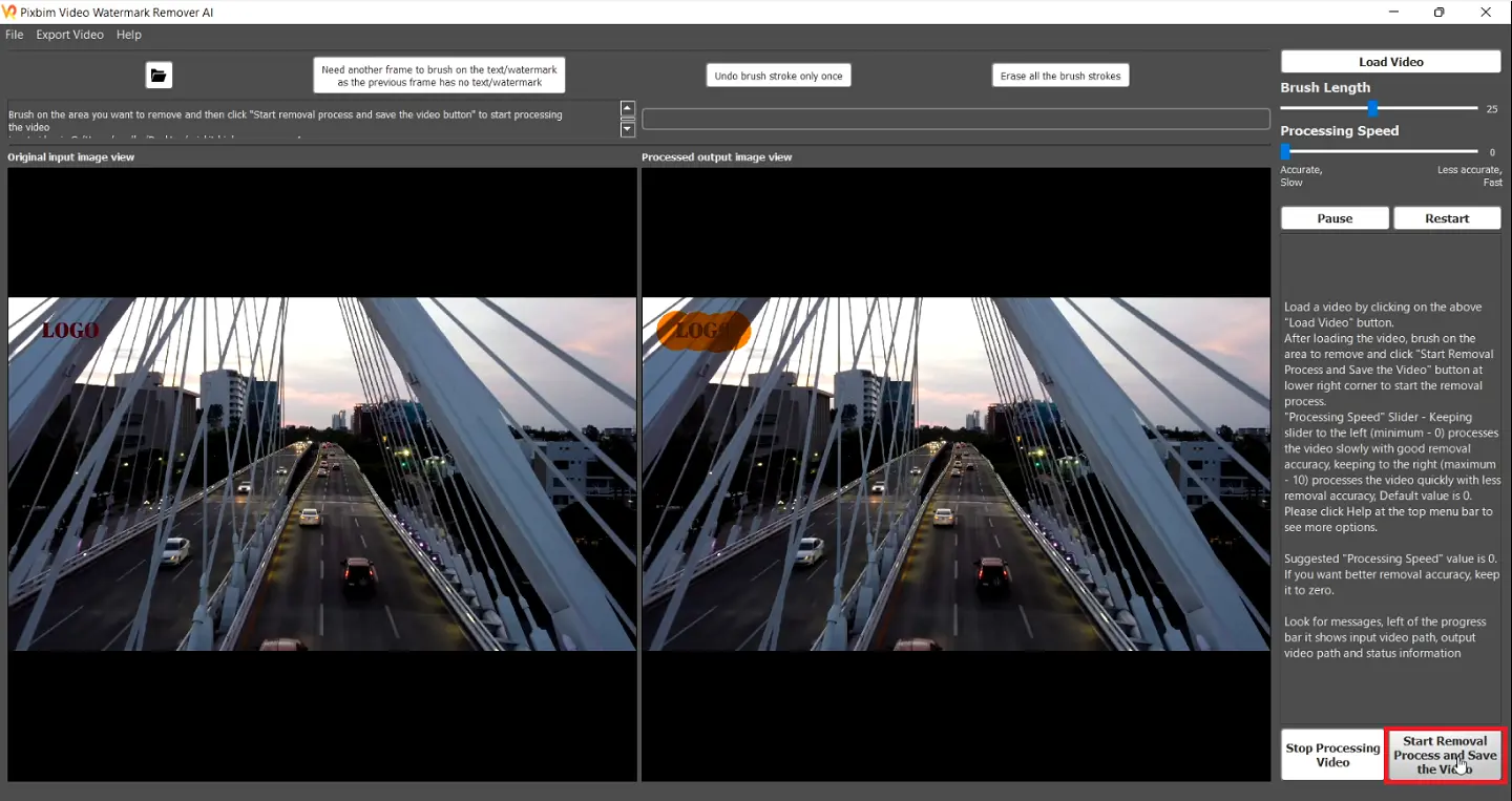 Starting Removal Process of logo on the Pixbim Video Watermark AI