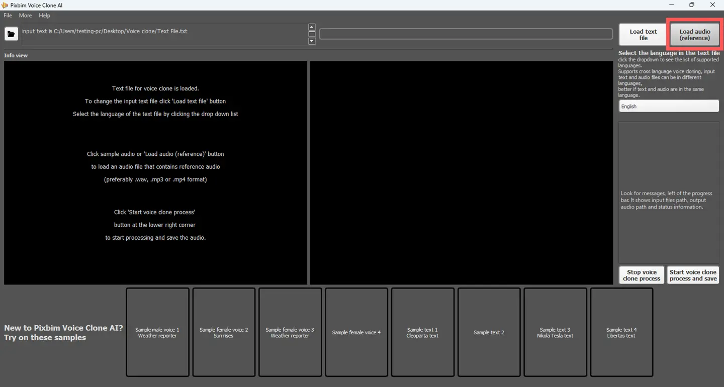 screenshot highlights loading of reference audio file into pixbim voice clone ai software