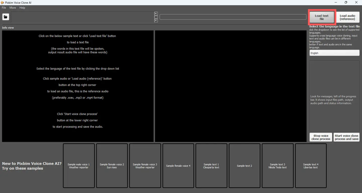 screenshot highlights loading of text file into pixbim voice clone ai software