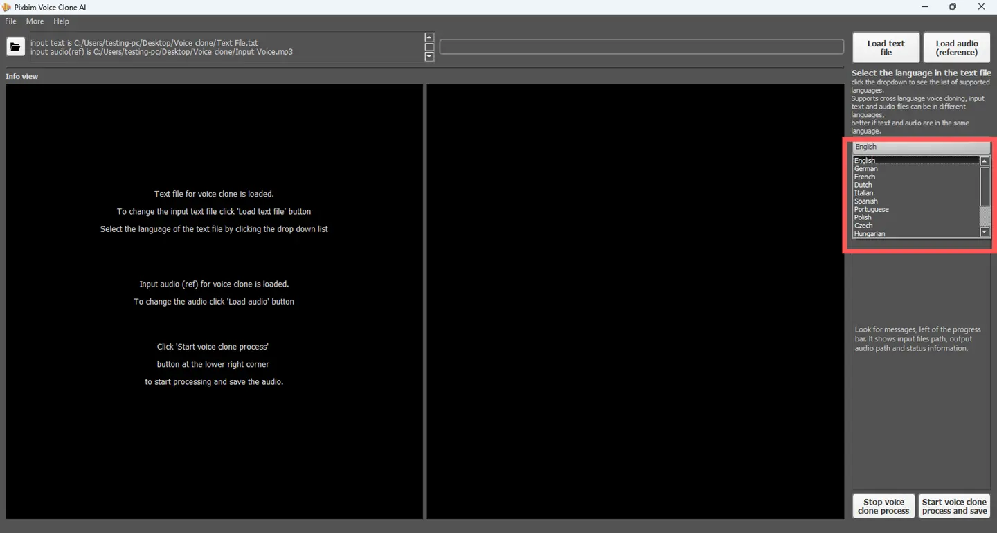 screenshot highlights selection of language as per the input text file in Pixbim Voice Clone AI software