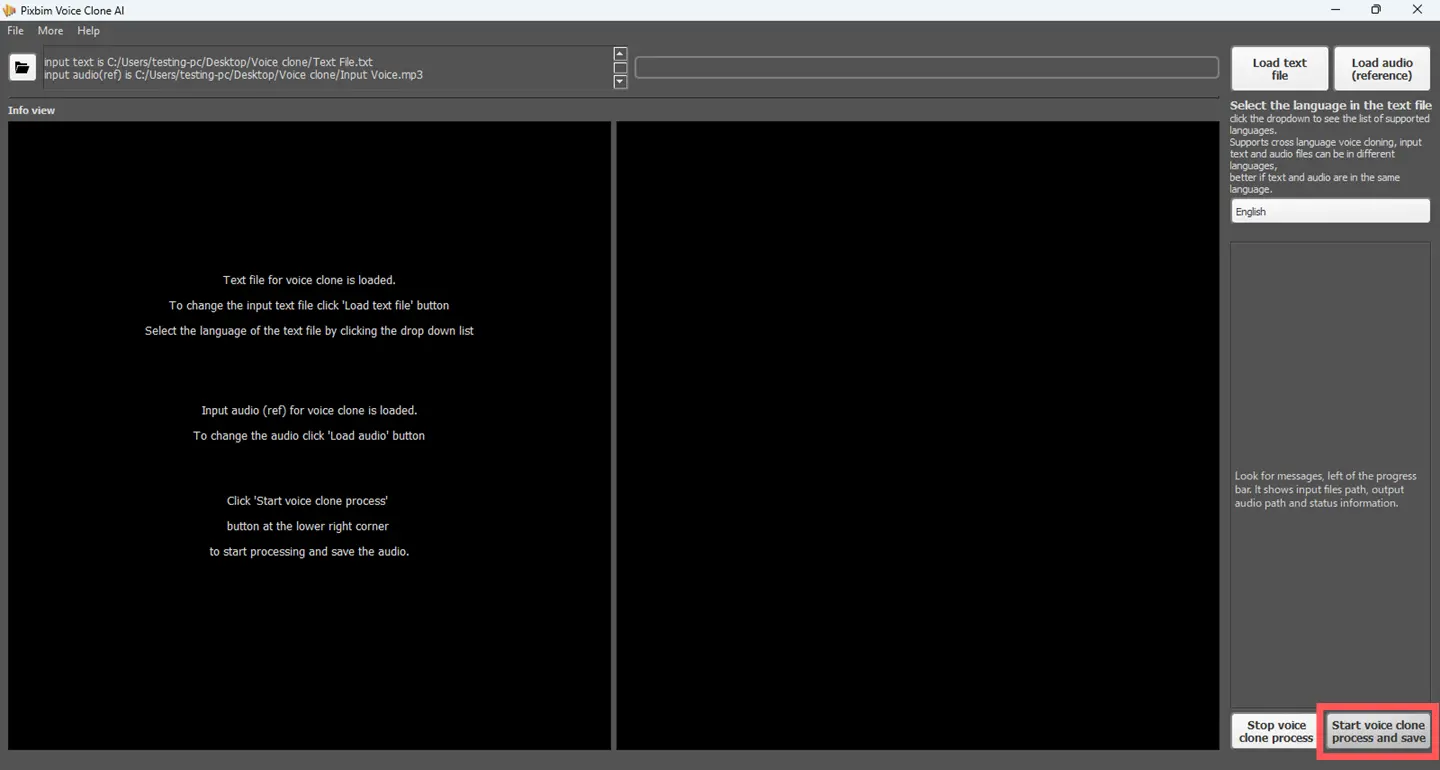 This screenshot highlights initiation of voice cloning process in Pixbim Voice Clone AI